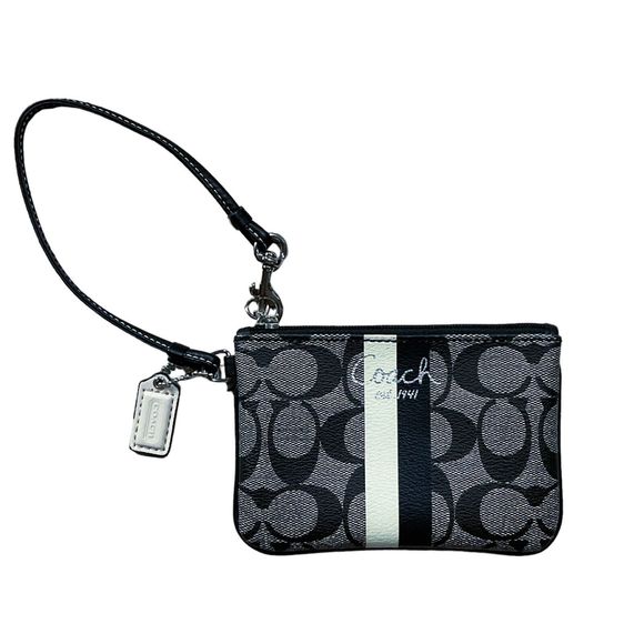 Coach Womens Purse Wristlet Gray Black Logo Zipper Close Blue Lining 6" x 4" - Picture 1 of 8